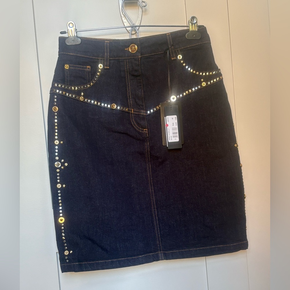Authentic Versace Dark Denim Mini Skirt with Gold Accents